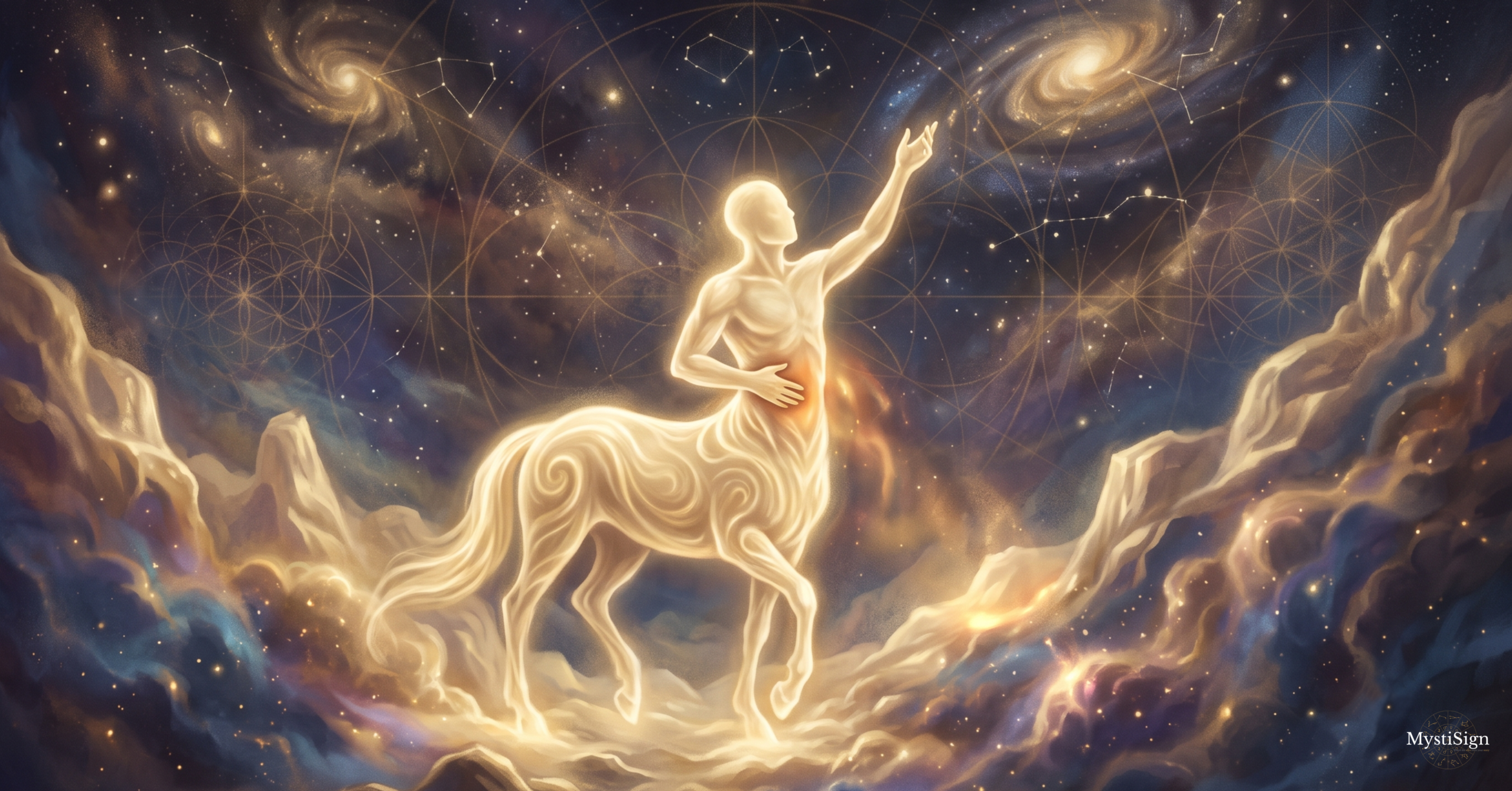 Chiron horoscoop betekenis — de gewonde heler als gouden lichtfiguur in een kosmisch landschap